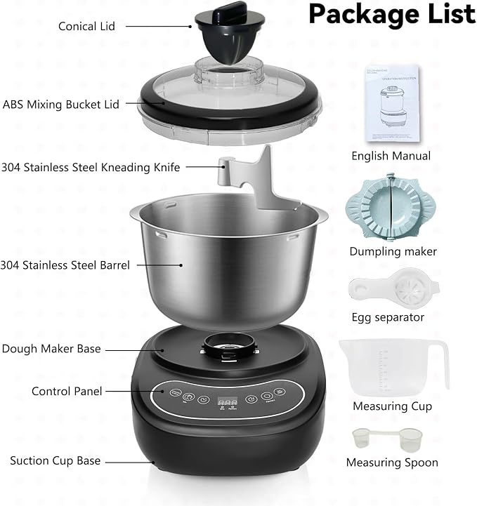 7L Electric Dough Mixer for Bread and Pizza Dough, Dough Maker Featuring a Ferment Function.304 Stainless Steel Whisk and a Top Small Window for Easy Add Water and Seasoning(Black） - Image 6