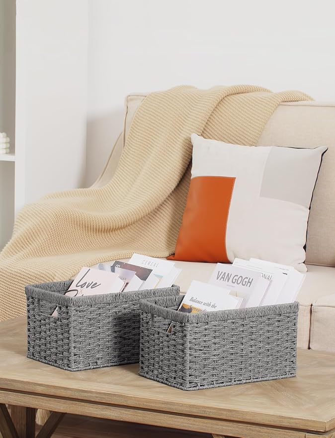 StorageWorks Wicker Storage Baskets, Gray Baskets for Storage, 2-Pack | Paper Rope Wicker Storage Baskets for Shelves, Rectangular Wicker Baskets with Handles, Handwoven Grey Baskets, Woven Baskets - Image 5