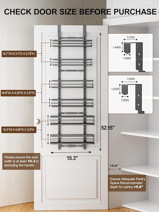 Delamu Over the Door Pantry Organizer, 6 Tier Pantry Door Organizer with Adjustable Basket, Door Spice Rack Seasoning Organizer, Metal Hanging Pantry Organizers and Storage for Kitchen,15.3" Black - Image 2