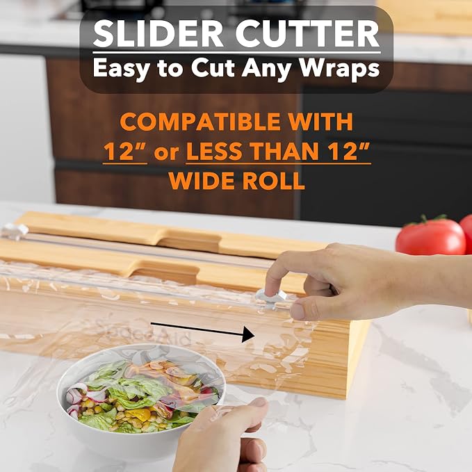 SpaceAid WrapNeat 2 in 1 Wrap Organizer with Cutter and Labels, Plastic Wrap, Aluminum Foil and Wax Bamboo Dispenser for Kitchen Storage Organization Holder for 12" Roll (Natural, 2-Slot) - Image 5