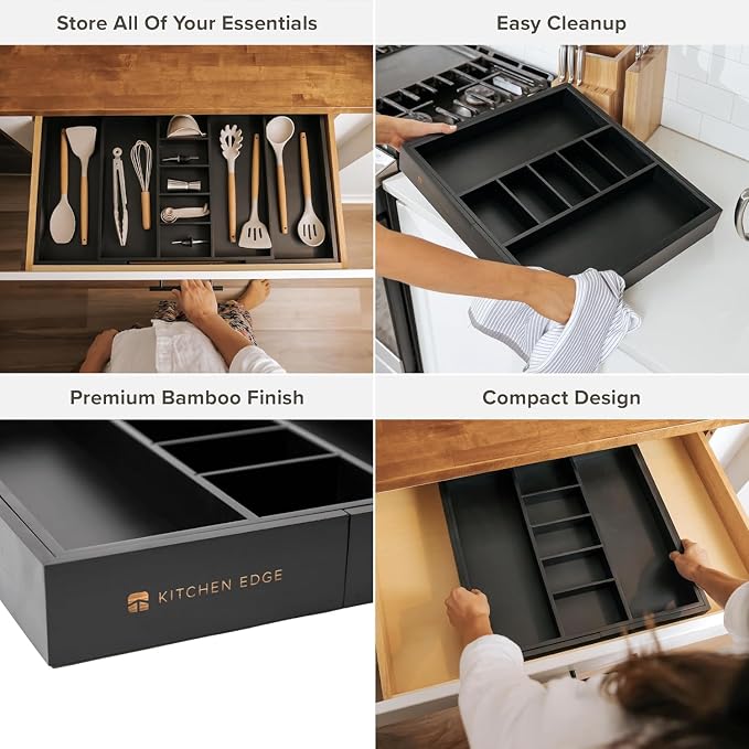Utensil & Junk Drawer Organizer, 19-33 in, Black Bamboo | Food-safe contract grade, 100% sustainable wood, non-slip, adjustable - Image 3