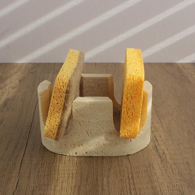 Natural Travertine Marble 2-Slot Sponge Holder for Kitchen Counter, 2-in-1 Stone Drying Rack, Sponge Caddy for Sink Organizer - Beige Travertine - Image 6