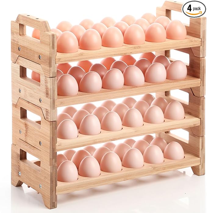Reallnaive 4 Tier Wooden Egg Holder for Countertop, Bamboo Stackable Fresh Eggs Storage Farmhouse Collecting Rack for Gathering Kitchen Organizer or Easter Egg Display, Stackable with 72 Eggs(Wood) by Unknown