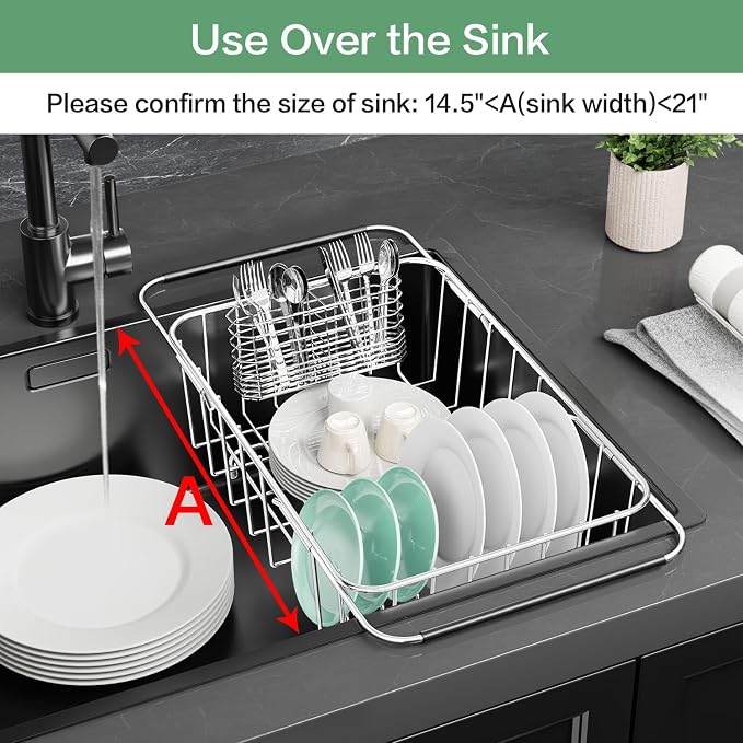 Fanbsy Small Dish Drainer Rack in Sink Adjustable, Expandable Stainless Steel Metal Dish Drying Rack Organizer with Stainless Steel Utensil Holder Over Inside Sink Counter, Rustproof(for 1-2 People) - Image 3