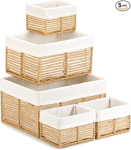 Wicker Storage Basket, Hand-Woven Paper Rope Wicker Baskets, Rectangular Small Wicke Baskets for Organizing, Cube Storage Bins for Closet/Clothes/Dresser, Natural, 5-Pack by Vagusicc