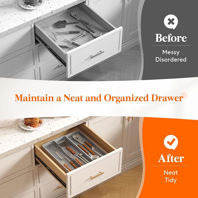 Lifewit Utensil Organizer for Kitchen Drawer, Expandable Cooking Silverware Tray, Adjustable Cutlery Flatware Holder, Plastic Spatula Tools Storage Divider, 14.4 x 15.8", Gray - Image 7