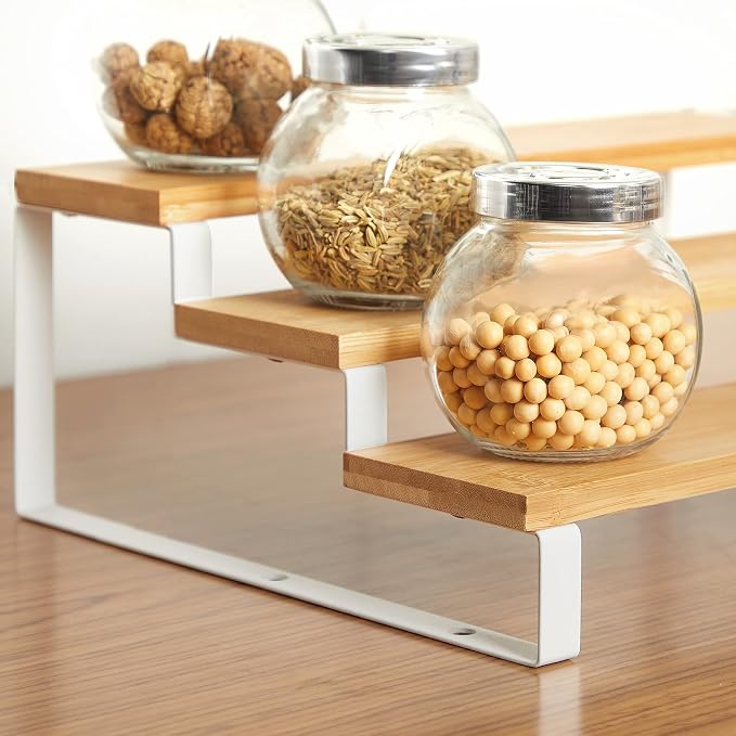 SONGMICS 6-Piece Spice Racks Bundle, 4-Pack Spice Shelves, 2-Pack 3-Tier Spice Organizers, for Kitchen Cabinet Pantry Countertop, Bamboo with Metal Frame, Natural and White UKCS010N01 and UKCS016N02 - Image 7