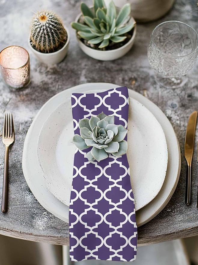 Cloth Napkins Set of 4-20x20 Inches, Purple Moroccon Washable Reusable Table Napkins, Country Chic Ethnic Minimalist Motifs Soft & Absortbent Dining Napkin for Party Wedding Hotel Restaurant - Image 3