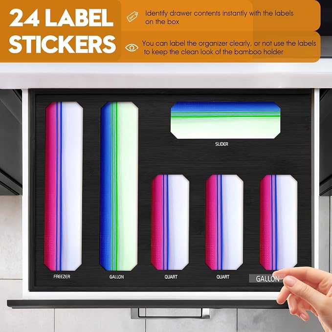 6 in 1 Bamboo Ziploc Bag Storage Organizer, Black Baggie Organizer for Drawer with Sliding Lid - Fits Gallon, Quart, Sandwich, Snack & Freezer Bags, Wall Mountable Kitchen Drawer Organization - Image 5