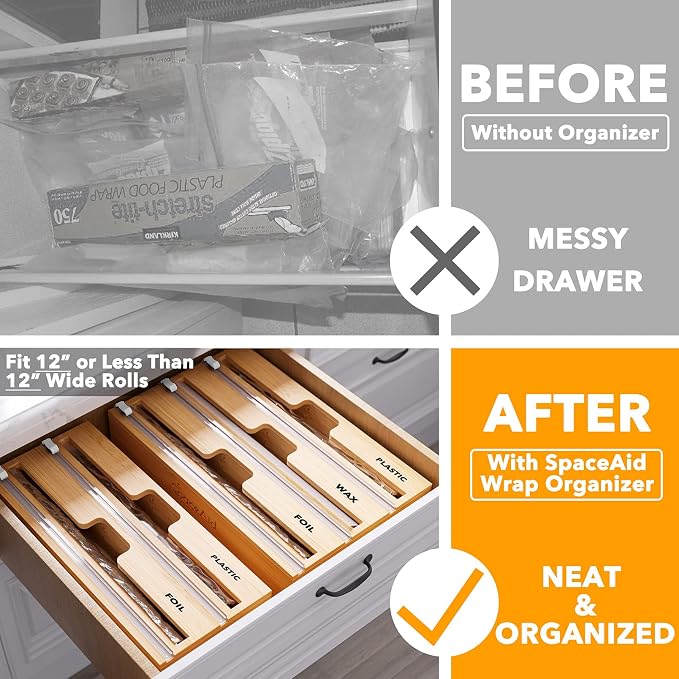 SpaceAid WrapNeat 2 in 1 Wrap Organizer with Cutter and Labels, Plastic Wrap, Aluminum Foil and Wax Bamboo Dispenser for Kitchen Storage Organization Holder for 12" Roll (Natural, 2-Slot) - Image 2
