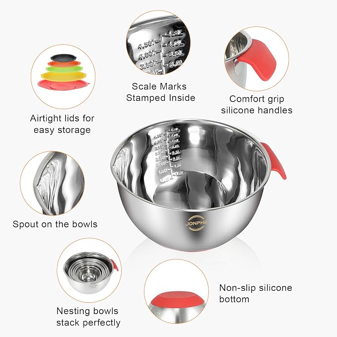 Stainless Steel Mixing Bowls with Airtight Lids, Nesting Bowls Set, 3 Grater Attachments & Non-Slip Silicone Bottoms, Size 5, 2.5, 2,1.5, 1, 0.7QT, Great for Mixing & Serving - Image 3