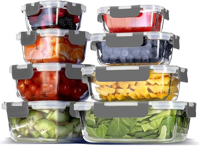 EATEX 16pc Glass Storage Containers with Lids, 8 Glass Food Storage Containers with 8 Airtight Lids for Pantry & Kitchen, Meal Prep Containers for Lunch, Oven Freezer Microwave & Dishwasher Safe by Eatex