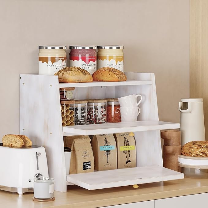 Trironsun Vintage Double Layer Bread Box for Kitchen Counter Bamboo Bread Storage Container Large Capacity Bread Storage Bin (Antique White) - Image 3