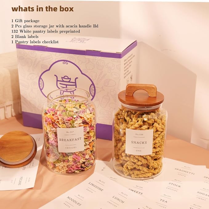2 Pack Large Glass Flour and Sugar Containers with 132 Pantry Labels - 64 FL OZ Glass Canisters with Bamboo Airtight Lids - Farmhouse Glass Cookie Jars for Rice, Pasta, Cereal, Bath Salt - Image 2