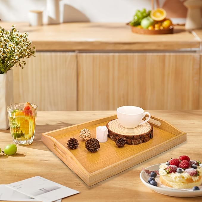 3 Pack Bamboo Serving Tray, 16x 11.6 Inch Wooden Serving Trays with Handles, Bamboo Trays for Serving Food, Perfect for Dinner, Tea, Bar, Breakfast, and Food for Parties, Bed, & Kitchen - Image 5