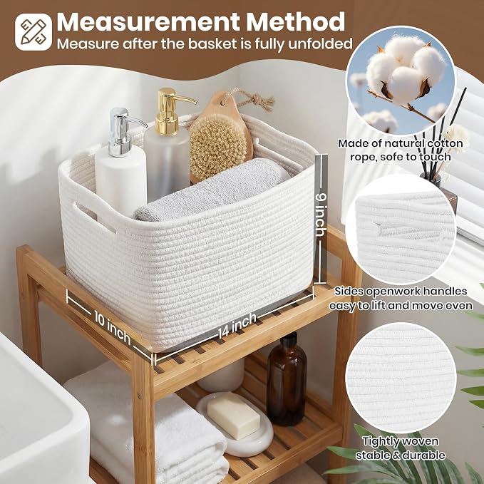 Storage Baskets for Organizing, 14 x 10 x 9” Closet Shelf Woven Baskets, Square Bins with Handles, Cotton Rope Basket for Clothes, Office, Room, White 3 Pack - Image 2