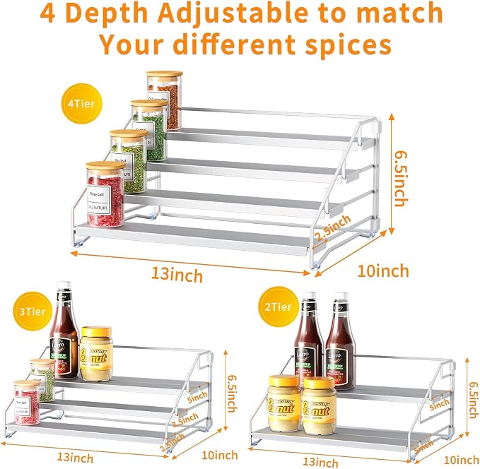 2 Pack Spice Rack Organizer for Cabinet, Depth Adjustable 4 Tier Spice Rack | Silver, Metal Spice Organization for Cabinet, Easy Visibility, Tiered Spice Rack Perfect for Cabinet, Pantry and Countertop - Image 4