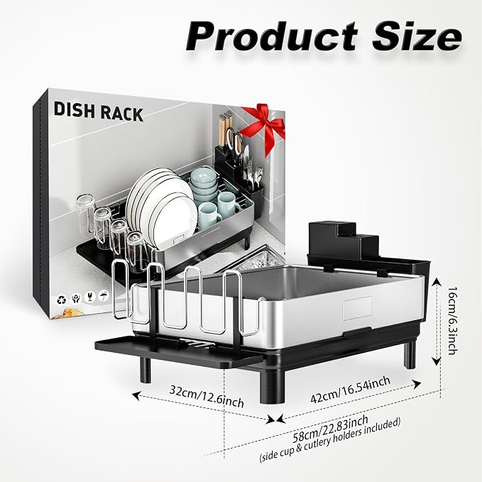 Dish Drying Rack, 304 Stainless Steel Dish Racks for Kitchen Counter | Dish Drainers with Automatic Drainage, Utensil Holder & Cups Holder, Space Saving Kitchen Organizer, Black - Image 2