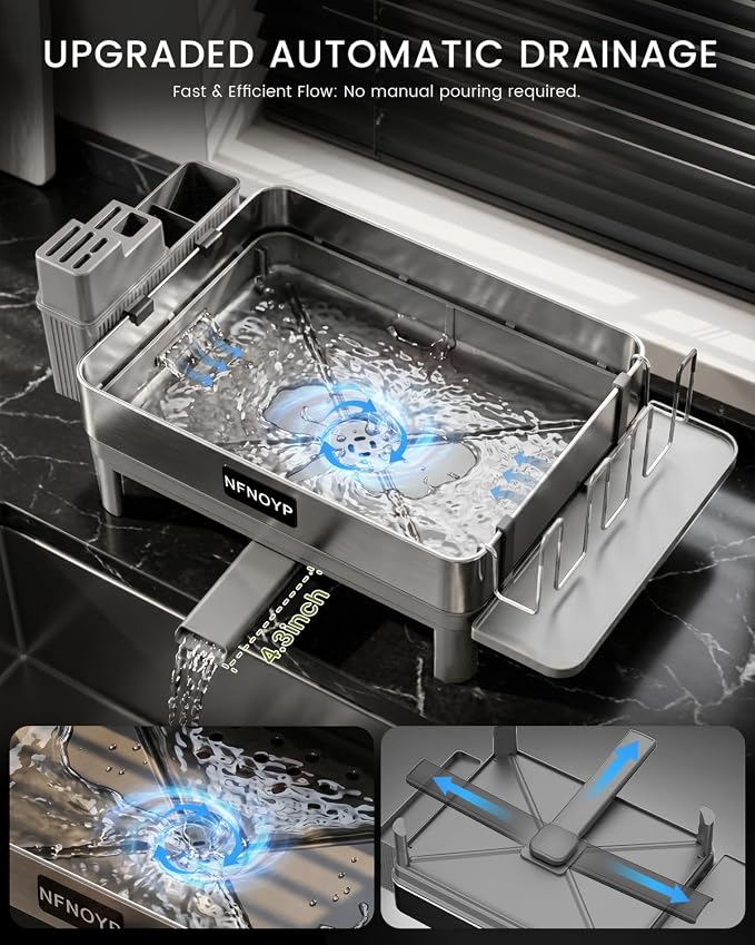 Dish Drying Rack, 304 Stainless Steel Dish Rack and Drainboard Set, Rustproof Dish Drainer with Anti-Pooling Automatic Drainage, Large Capacity Kitchen Counter Organizer, Grey - Image 3