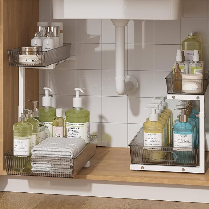 ADRIMER Under Sink Organizer 2 Packs, Pull Out Kitchen Sink Organizer, 2 Tier Slide Out Kitchen Organizers and Storage Bathroom Under Cabinet Storage Shelf, Grey & White by Adrimersdreamistobeanindispensablecompanioninyourlife