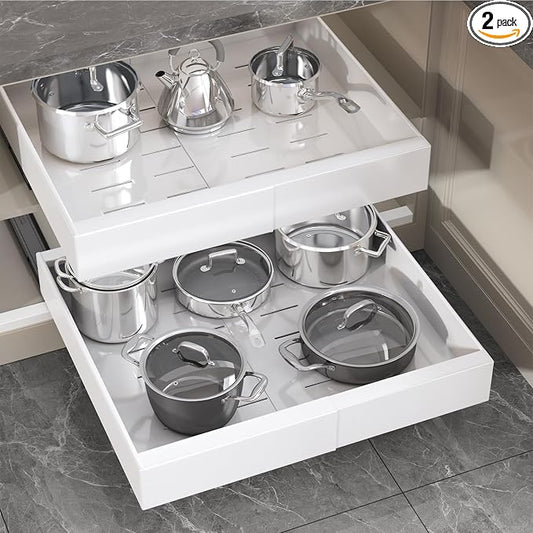 Seinloes 2 Pack Pull Out Cabinet Organizer 18" Deep,Full Extension 3 Slide Rails Slide Out Drawers With Raising Pad for Framed Cabinets,Expandable Width (12.3"-20.5"),No Drill Roll Out shelf,White by Seinloes