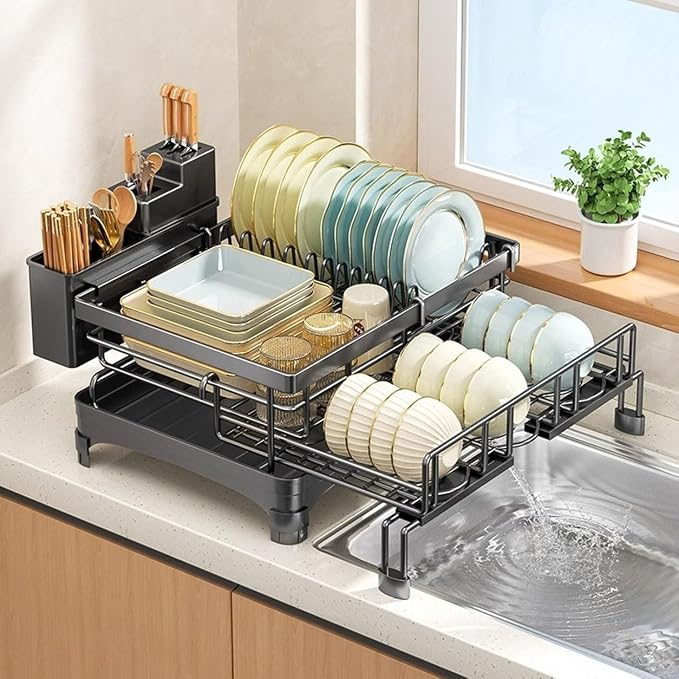 2 Tier Dish Drying Rack, Expandable Dish Rack for Kitchen Counter with 360° Swivel Auto Drain Spout, Large Capacity Dish Drainer with Detachable Utensil Holder, Carbon Steel Kitchen Organizer by Unknown