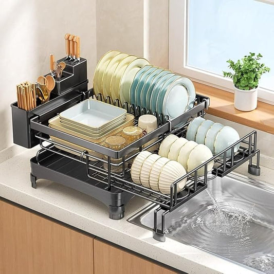 2 Tier Dish Drying Rack, Expandable Dish Rack for Kitchen Counter with 360° Swivel Auto Drain Spout, Large Capacity Dish Drainer with Detachable Utensil Holder, Carbon Steel Kitchen Organizer by Unknown
