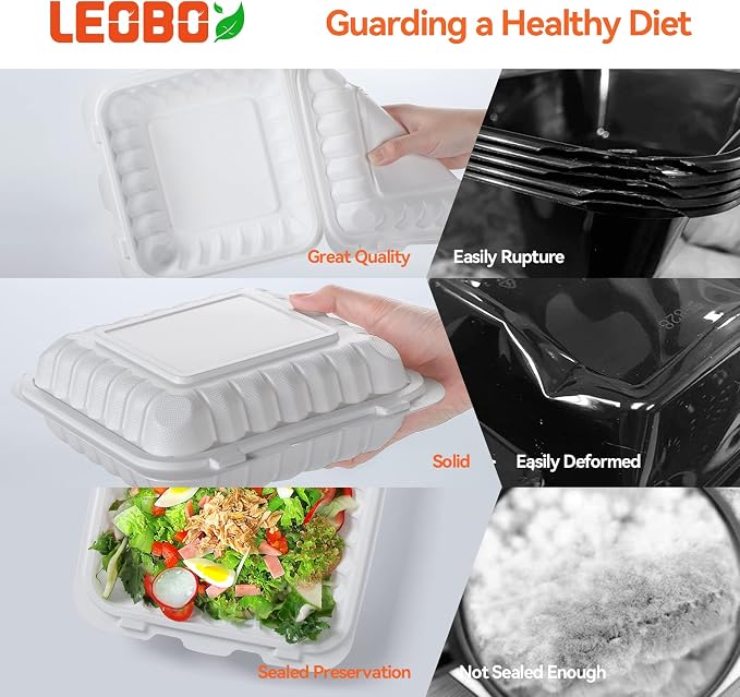 8 Inch 34oz 55-Pack White Food Containers - Shrink Wrap No Pre-Wash | BPA Free Sturdy Reusable | Microwave, Freezer & Dishwasher Safe for Leftovers, Meal Prep, Takeout & Catering Disposable Box - Image 5