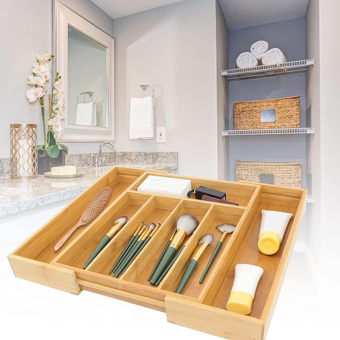VaeFae Bamboo Drawer Organizer, Medium, Natural | Kitchen Utensil Holder, Multi-Function Drawer Storage，38 cm D x 29.2-45.7 cm W, 5-7 Slots, Natural - Image 7