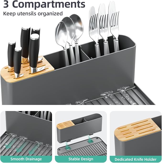 Urackify Extendable Dish Drying Rack, 18.5"-26.7" L x 12.7" W, Gray | Multifunctional large dish rack with cup holder and built-in cutlery holder for versatile drying needs - Image 5