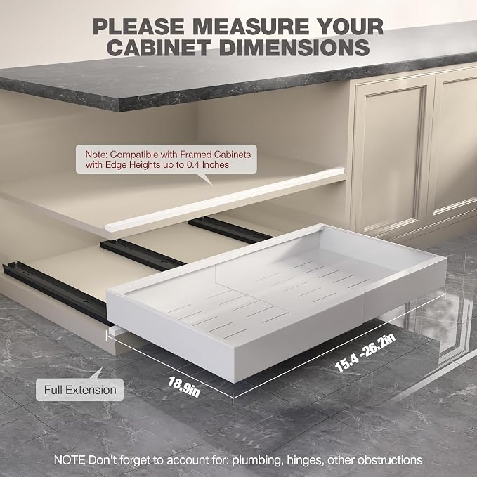Seinloes 2 Pack Pull Out Cabinet Organizer 19" Deep,Full Extension 3 Slide Rails Slide Out Drawers With Raising Pad for Framed Cabinets,Expandable Width (15.4"-26.2"),No Drill Roll Out shelf,White - Image 3