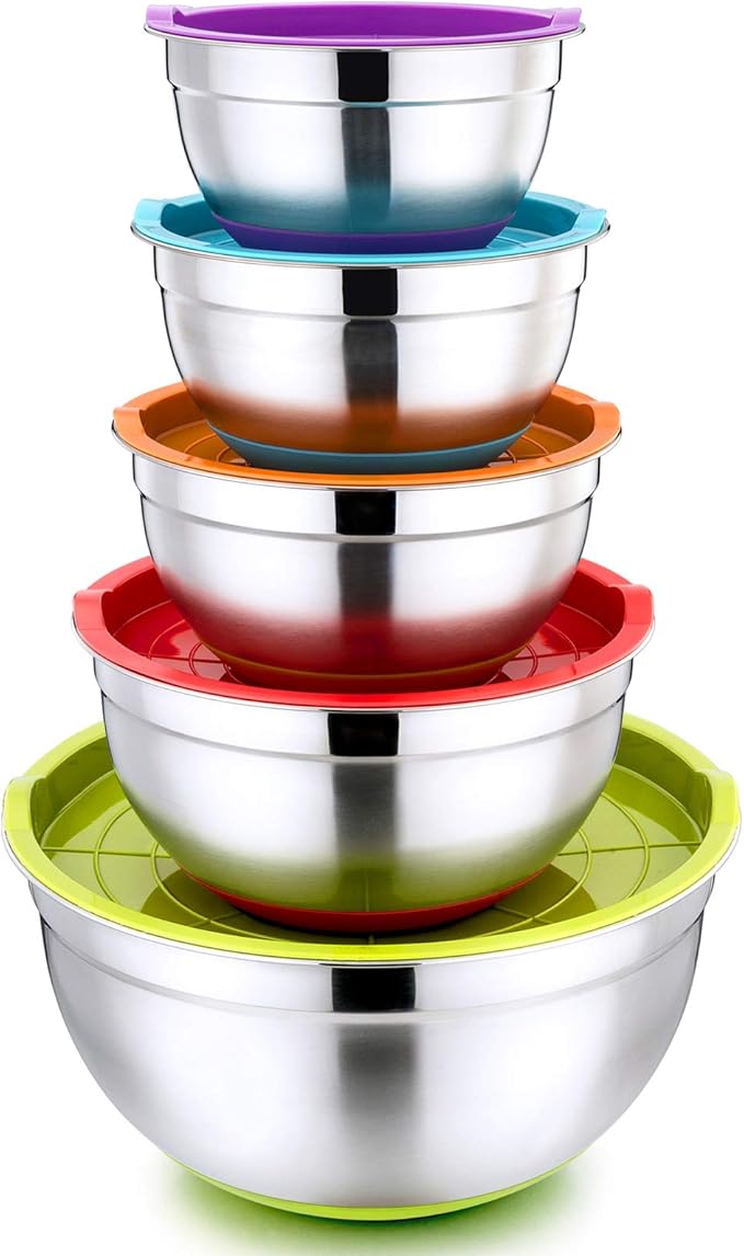 P&P CHEF Mixing Bowls with Lids Set of 5, Stainless Steel Nesting Salad Bowl with Lid & Base for Non-slip Mixing Prepping Storing Serving, 5 Sizes-7/3.5/2.5/1.5/1 QT, Multicolor by PPCHEF