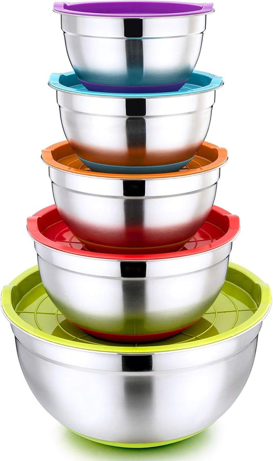 P&P CHEF Mixing Bowls with Lids Set of 5, Stainless Steel Nesting Salad Bowl with Lid & Base for Non-slip Mixing Prepping Storing Serving, 5 Sizes-7/3.5/2.5/1.5/1 QT, Multicolor by PPCHEF