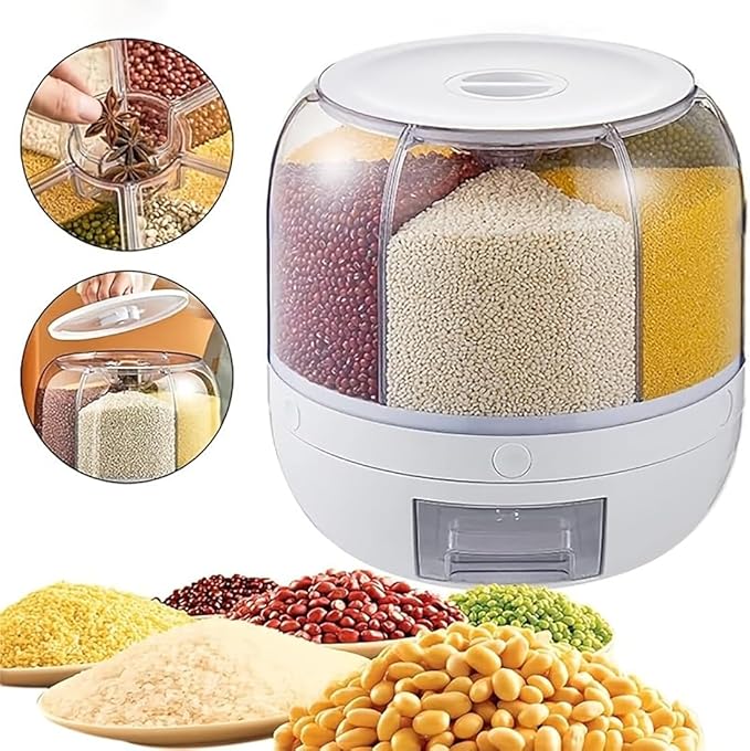 Rotating Grain Storage Bin 6 Grids Rice Container One-Click Output Large Capacity Food Dispenser For Rice Grains Sealed Moisture Proof Organizer (Grey) (Large) - Image 2