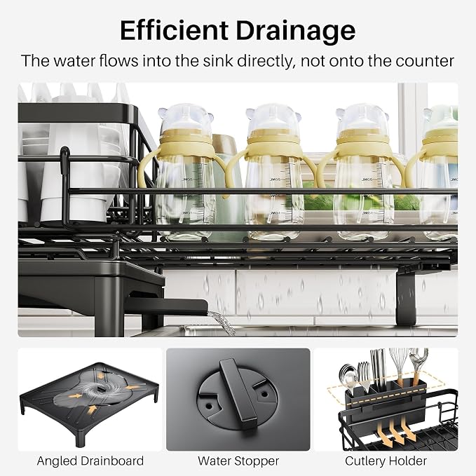 Dish Drying Rack, Extendable Dish Rack, Large Sink Drying Dish Drainer for Kitchen Counter, Carbon Steel Dish Strainer with Utensil Holder,Black - Image 7