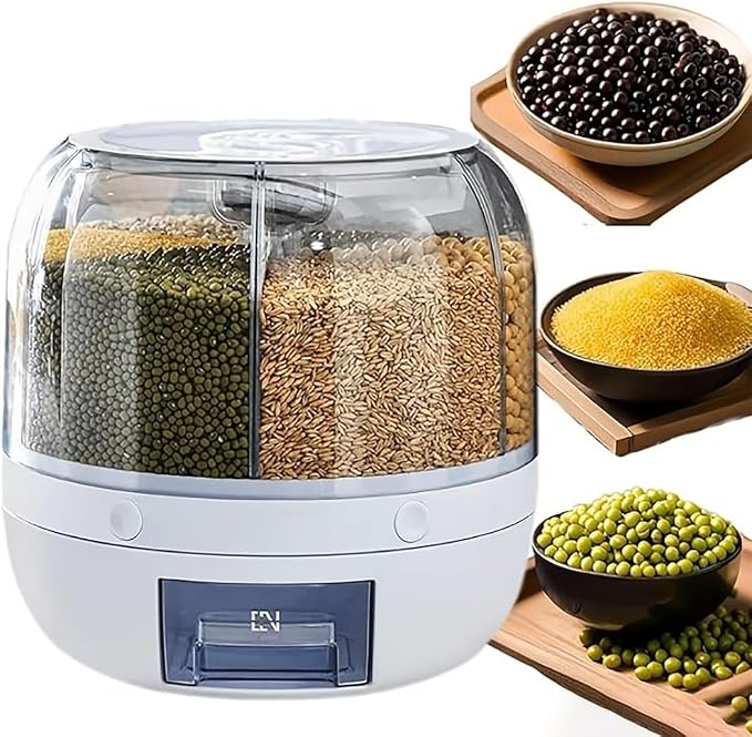 Rotating Grain Storage Bin 6 Grids Rice Container One-Click Output Large Capacity Food Dispenser For Rice Grains Sealed Moisture Proof Organizer (Grey) (Large) by Wnnideo