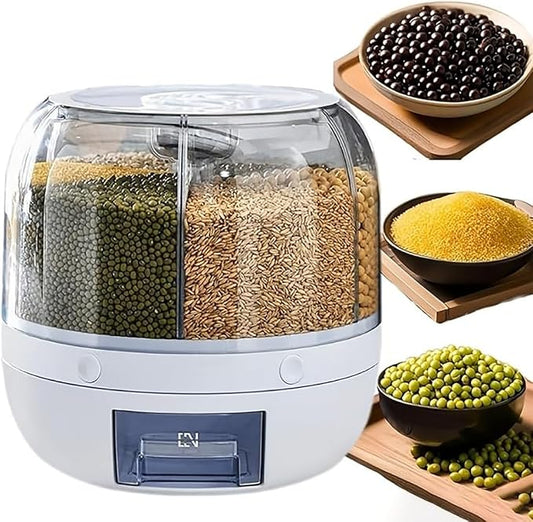 Rotating Grain Storage Bin 6 Grids Rice Container One-Click Output Large Capacity Food Dispenser For Rice Grains Sealed Moisture Proof Organizer (Grey) (Large) by Wnnideo