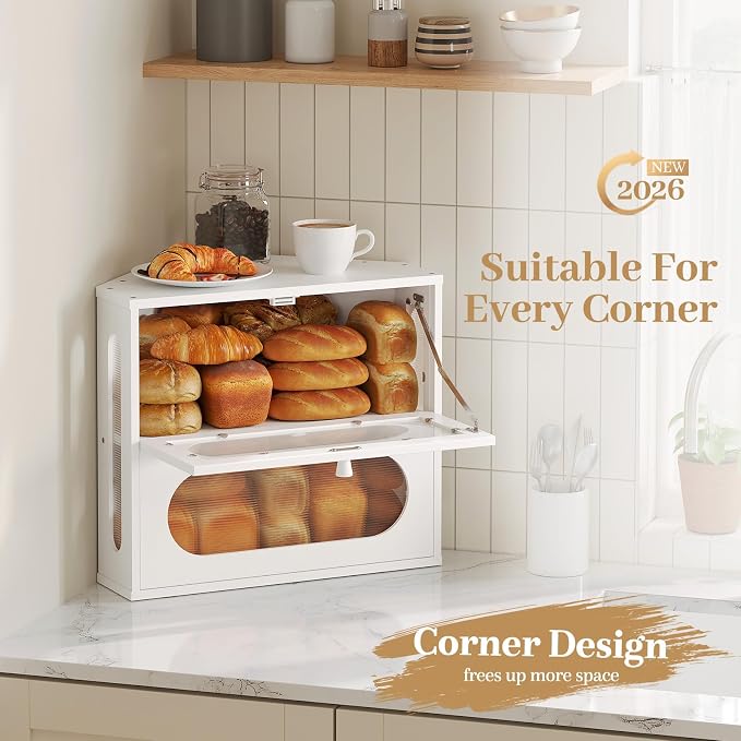 Corner Bread Box for Kitchen Countertop, 2026 New Double Layer Bamboo Bread Storage Bin, Large Bread Container for homemade bread (White) - Image 2