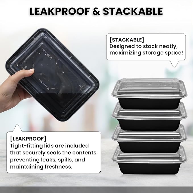 Klex 38 Oz, 150 Sets Meal Prep Containers with Airtight Lids, BPA Free, Reusable Plastic Food Container, 38 oz, Rectangular, Black/Clear, 150 Sets - Image 4