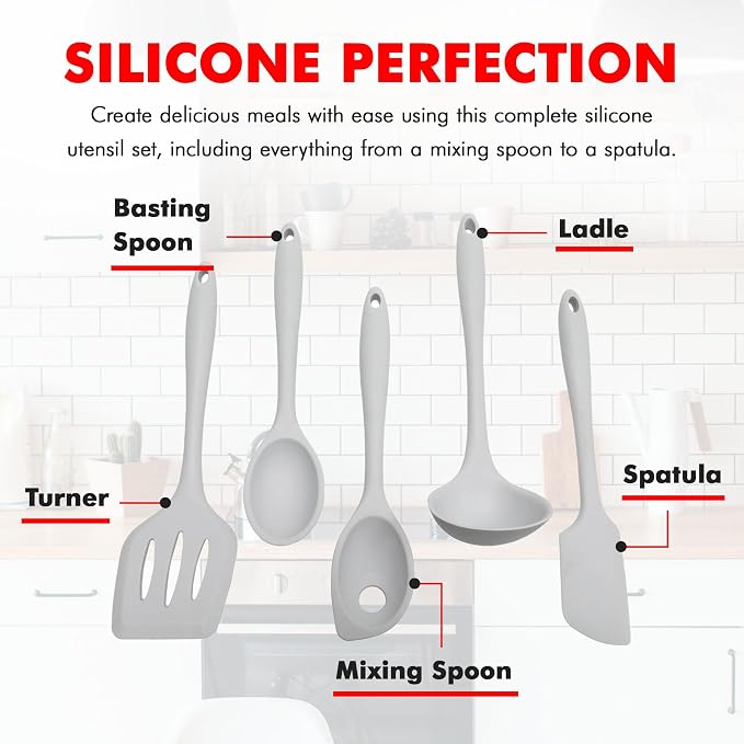 Chef Craft - Premium Silicone Kitchen Tools and Utensils Set, Non-Scratch, Withstands Temperatures up to 450°F, BPA-Free, 5 Piece Cooking Utensils Set, Gray - Image 4