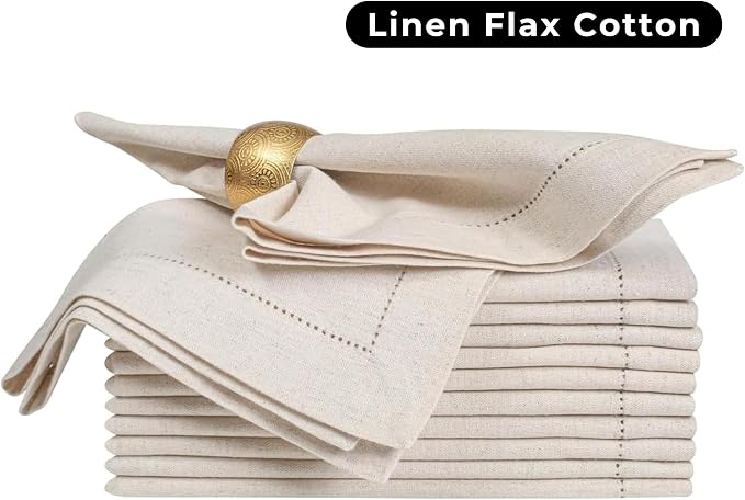 Linen Cotton Cloth Napkins Set of 12, 20x20 Inch Dinner Napkins | Natural Hemstitched Fabric – Machine Washable Elegant Reusable Table Napkins for Weddings, Parties & Dining Décor - Image 5