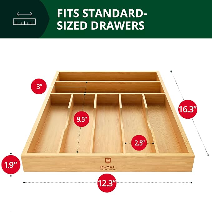 ROYAL CRAFT WOOD Luxury Bamboo Kitchen Drawer Organizer - Silverware Organizer - Utensil Holder and Cutlery Tray with Grooved Drawer Dividers for Flatware and Kitchen Utensils - Image 7