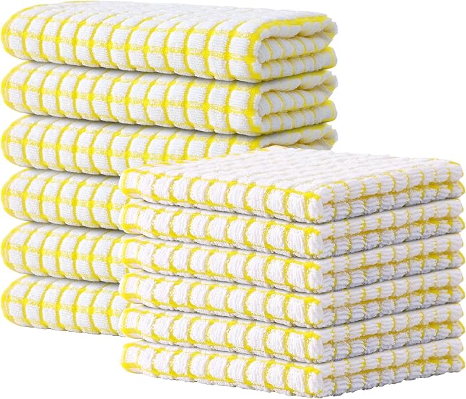 Kitinjoy Cotton 12 Pack Kitchen Towels and Dishcloths Sets, Yellow | 16 x 25 Inch & 12 X 12 Inch Dish Towels Bulk, Super Soft and Absorbent hand towels for kitchen Drying by Kitinjoy