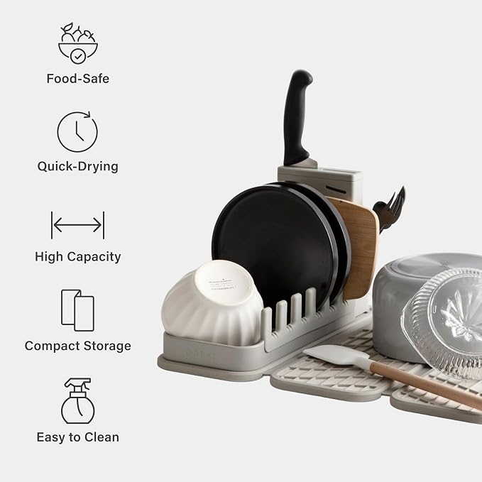 Dorai Home Collapsible Dish Drying Rack with Stone Dish Pad - Kitchen Counter Set with Diatomaceous Earth Stone Dish Mat for Quick Drying - Space-Saving Design - Original 19.9"x15.2", Sandstone - Image 3