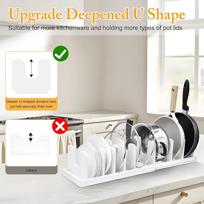 MinBoo Bamboo Expandable Pot Lid Organizer, Pot and Pan Organizer Drawer Organizer for Pot Lids, Adjustable 10 U-Shaped Dividers for Kitchen Cabinet Organizers and Storage,White - Image 2