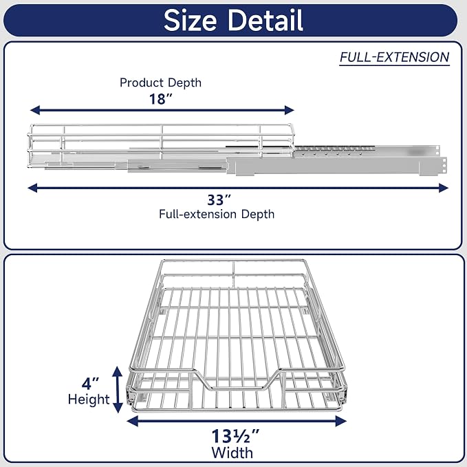 Pull Out Cabinet Organizer, 13.5" W x 18" D, Heavy Duty Chrome Slide Out Shelf for Base Cabinets, Sliding Wire Basket Drawer for Pantry Items, Bowls, Containers & Cleaning Supplies - Image 2