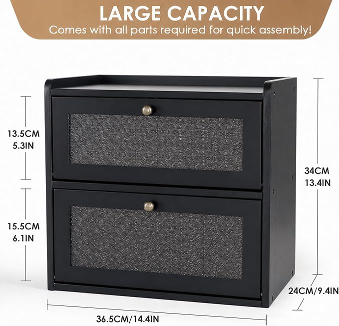 Sunhoo Bread Box for Kitchen Countertop, Large Pine Wood Breadbox, Black | Farmhouse Pantry Container, Double Layer Storage, Fresh Homemade Sourdough Bin, Vintage Textured Acrylic Door, Easy Assembly - Image 3