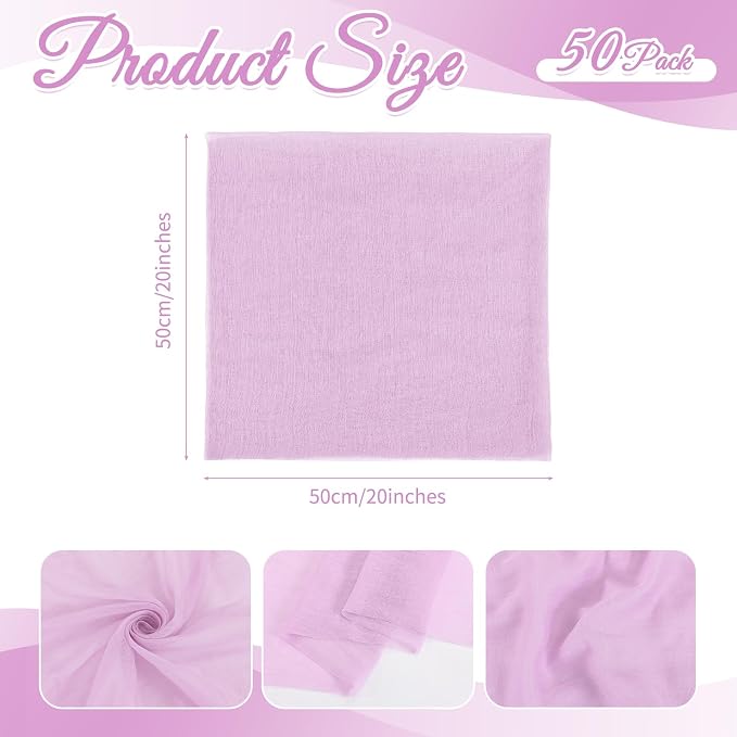 Lavender Cheesecloth Napkins - Bulk Set of 50, 20x20 Inch Washable and Reusable Boho Cotton Gauze Purple Cloth Napkins for Weddings, Bridal Girl Baby Shower, Party and Banquet - Image 2