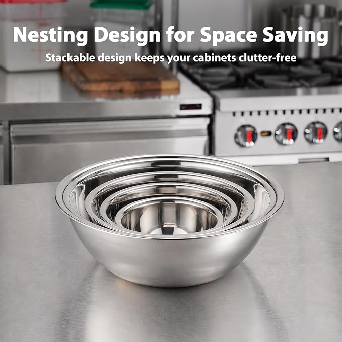 Stainless Steel Mixing Bowls Set of 5, 0.6 to 6 QT | Heavy Duty Nesting Metal Bowls, 0.6, 1.7, 2.9, 4.9, 6 QT, Flat Base, For Baking, Cooking, Salad Mixing & Bread Dough Kneading - Image 3
