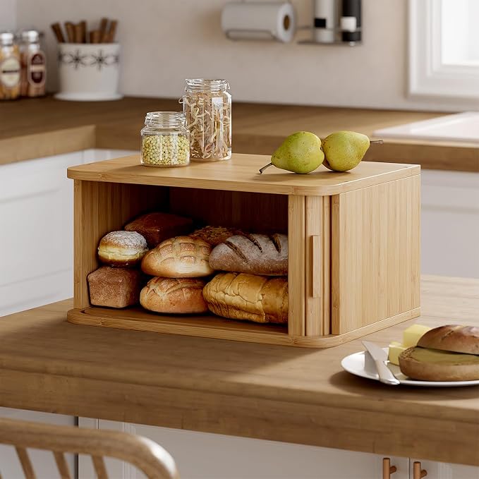 WOWLIVE Roll Top Bread Box for Kitchen Countertop, Bamboo Bread Storage | Airtight Bread Containers, Large Bread Bin with Sliding Door for Loaves, Bagels, Countertop Storage Cabinet, Natural, Medium - Image 6